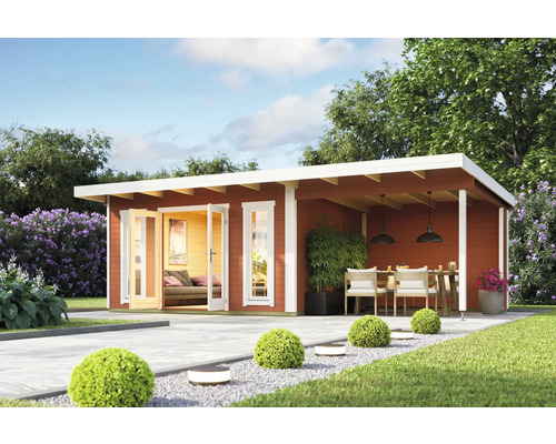 Abri de jardin moderne avec terrasse, mobilier de jardin et chemin pavé