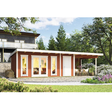 Abri de jardin avec terrasse, fenêtres et porte devant une maison