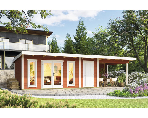 Abri de jardin avec terrasse, fenêtres et porte devant une maison