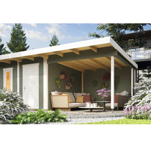 Abri de jardin avec terrasse couverte et coin salon dans le jardin