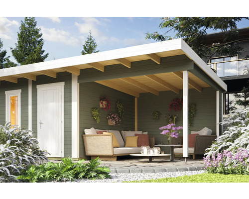 Abri de jardin avec terrasse couverte et coin salon dans le jardin