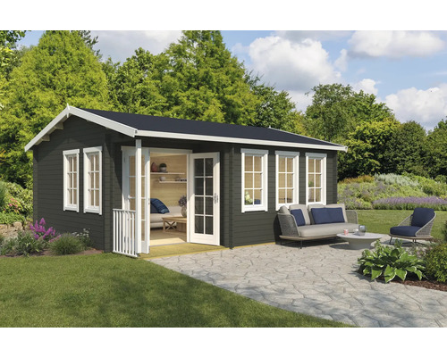 Abri de jardin Outdoor Life Sri Lanka argenté avec plancher, verre véritable 600 x 521,8 cm gris-vert Abri de jardin avec fenêtres et porte double et mobilier de jardin sur terrasse