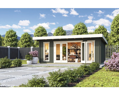 Abri de jardin Outdoor Life Sussex 2 avec plancher 630 x 470 cm gris-vert Maison de jardin avec bureau à l'extérieur sur une pelouse.