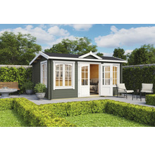 Abri de jardin en bois avec fenêtres et double porte dans le jardin