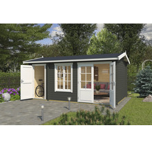 Abri de jardin avec portes et fenêtres ouvertes dans un jardin