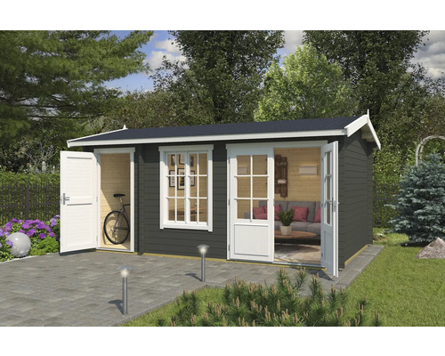 Abri de jardin Outdoor Life Wrexham 2 avec plancher 525 x 350,8 cm vert gris Abri de jardin avec portes et fenêtres ouvertes dans un jardin