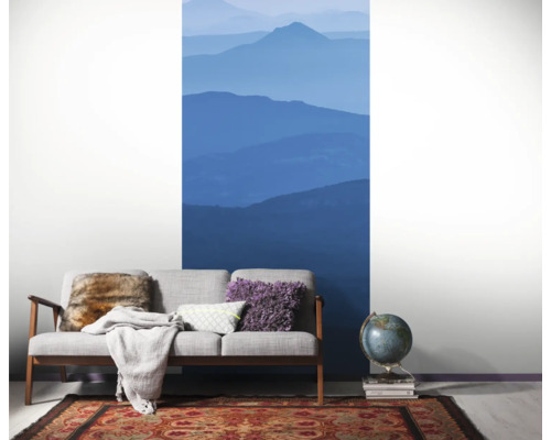 Aménagement intérieur avec canapé, tapis, globe et papier peint photo avec motif de montagne