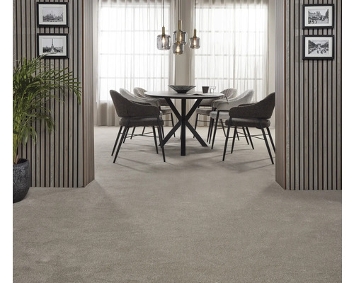 Esszimmer mit Teppichboden, Esstisch und Stühlen in modernem Design.