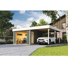 Doppelgarage mit Carport und Holzverkleidung, darin ein Auto, ein Fahrrad und ein Motorrad