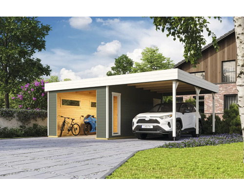 Doppelgarage mit Carport und Holzverkleidung, darin ein Auto, ein Fahrrad und ein Motorrad