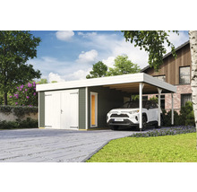 Gartenhaus mit Carport und geparktem Auto