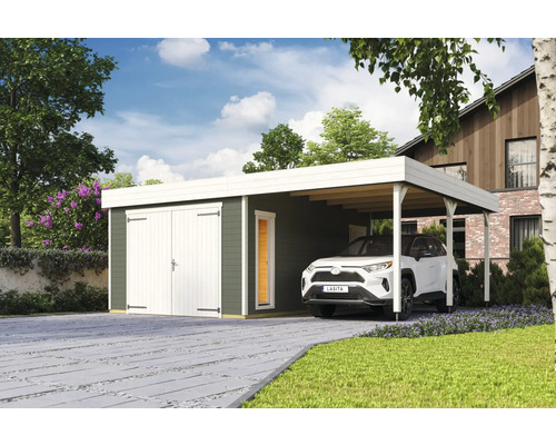 Gartenhaus mit Carport und geparktem Auto