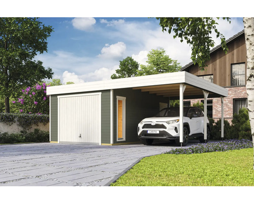 Einzelgarage Outdoor Life Bahamas mit Sektionaltor 680 x 560 cm graugrün Gartenszene mit Garage, Carport und geparktem Auto.