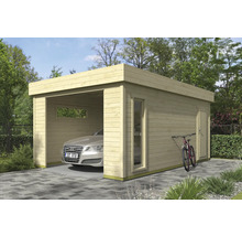 Holzgarage mit Auto, Fenster und Tür