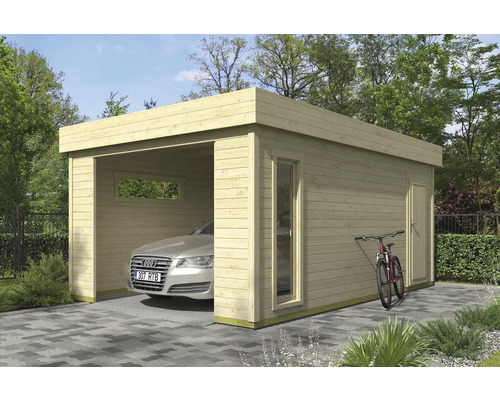 Einzelgarage Outdoor Life Bahamas 2 ohne Tor 380 x 560 cm natur Holzgarage mit Auto, Fenster und Tür