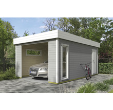 Garage préfabriquée grise en bois avec fenêtre et porte