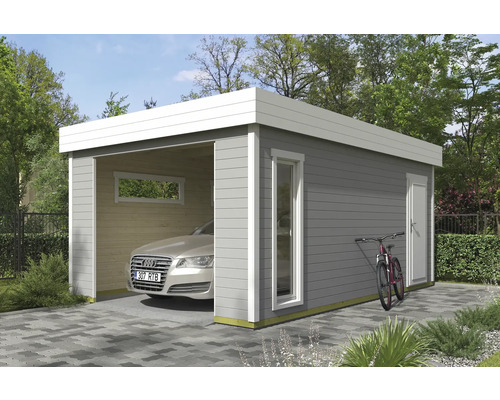 Garage individuel Outdoor Life Bahamas 2 sans portail 380 x 560 cm gris clair Garage préfabriquée grise en bois avec fenêtre et porte