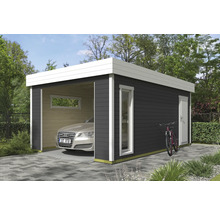 Moderne Holzgarage mit Auto und Fahrrad im Garten.