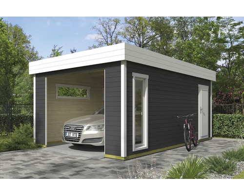 Moderne Holzgarage mit Auto und Fahrrad im Garten.