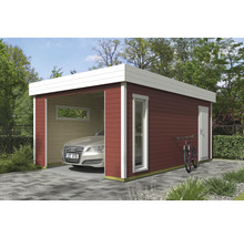 Moderne Garage aus Holz mit Auto und Fahrrad