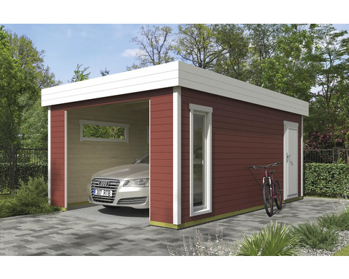 Moderne Garage aus Holz mit Auto und Fahrrad