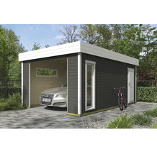 Moderne Garage mit Auto, Fahrrad und Gartengestaltung