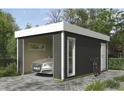 Moderne Garage mit Auto, Fahrrad und Gartengestaltung