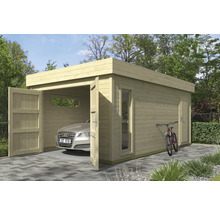 Garage en bois avec portes ouvertes, fenêtre et voiture