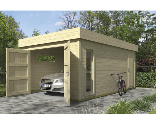 Garage en bois avec portes ouvertes, fenêtre et voiture