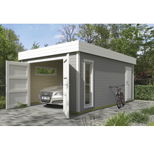 Garage moderne en bois avec allée, porte latérale et vélo