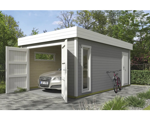 Garage individuel Outdoor Life Bahamas 2 avec portail en bois 380 x 560 cm gris clair Garage moderne en bois avec allée, porte latérale et vélo