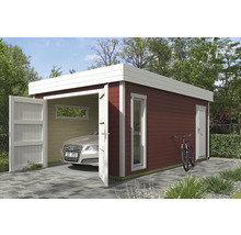 Garage en bois avec voiture, vélo, fenêtre et porte
