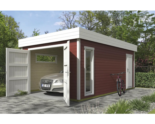 Garage en bois avec voiture, vélo, fenêtre et porte