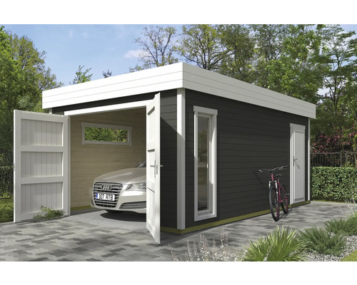 Garage moderne en bois avec allée pour voiture, fenêtre et porte latérale