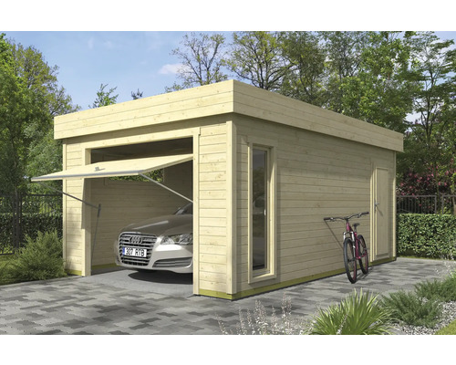 Garage individuel Outdoor Life Bahamas 2 avec portail basculant 380 x 560 cm naturel Garage en bois avec porte basculante, porte latérale, fenêtre et une voiture garée