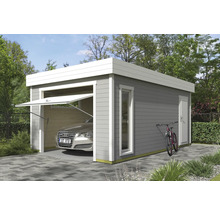 Garage moderne en bois avec porte basculante, fenêtre et porte dans le jardin