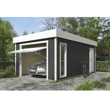 Moderne Garage aus Holz mit Schwingtor, Nebentür, Fenster und Auto