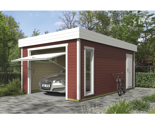 Garage aus Holz mit Sektionaltor, Fenster und Tür im Garten