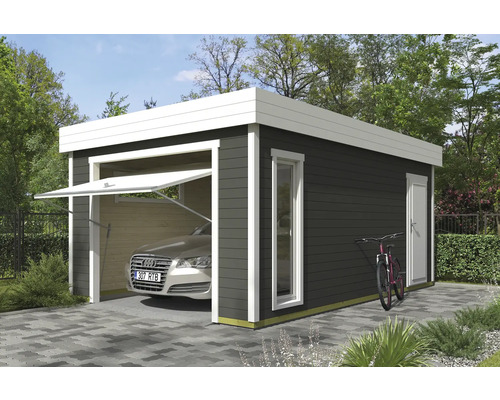 Holzgarage mit Sektionaltor, Nebentür und Fenster