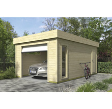 Garage en bois avec fenêtre, porte latérale et voiture à l''intérieur