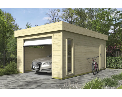 Garage simple Outdoor Life Bahamas 2 avec porte sectionnelle 380 x 560 cm nature Garage en bois avec fenêtre, porte latérale et voiture à l''intérieur