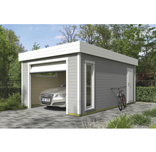 Garage moderne en bois avec porte sectionnelle, fenêtre et porte latérale. Une voiture est garée à l''intérieur et un vélo est appuyé sur le côté.