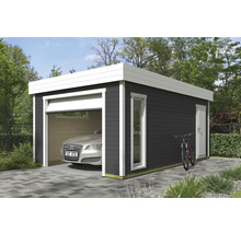 Moderne Garage mit Auto, Seitentür, Fenster und Fahrrad