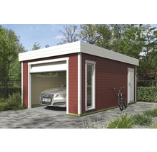 Moderne Garage aus Holz mit Sektionaltor, Fenster und Seitentür.