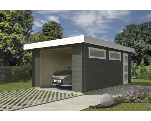 Carport aus Holz mit einem Auto im Inneren und Fenstern.