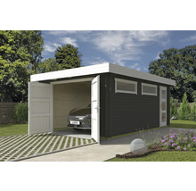 Garage en bois avec portes ouvertes et voiture