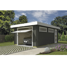 Garage en bois avec porte basculante ouverte et voiture garée