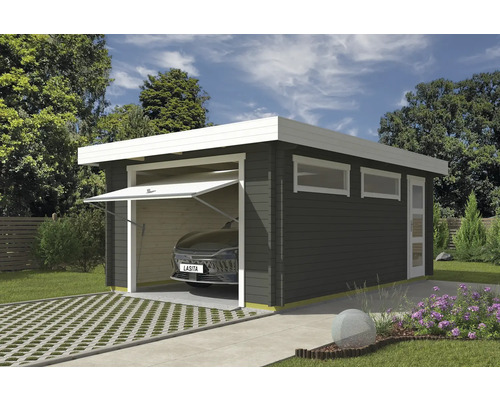 Garage individuel Outdoor Life Canberra avec porte basculante 422,7 x 600 cm gris-vert Garage en bois avec porte basculante ouverte et voiture garée