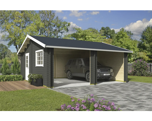 Holzgarage mit Auto und Nebengebäude im Garten