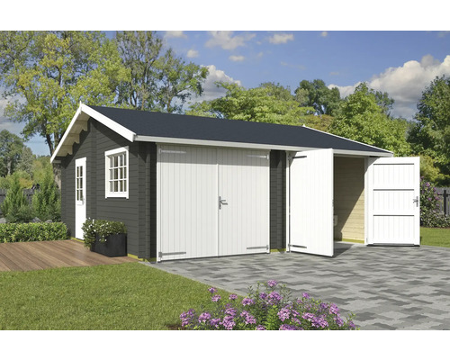 Garage double Outdoor Life Falkland avec portes en bois 635 x 628,6 cm gris-vert Maison de jardin en bois avec double porte et toit à deux pentes